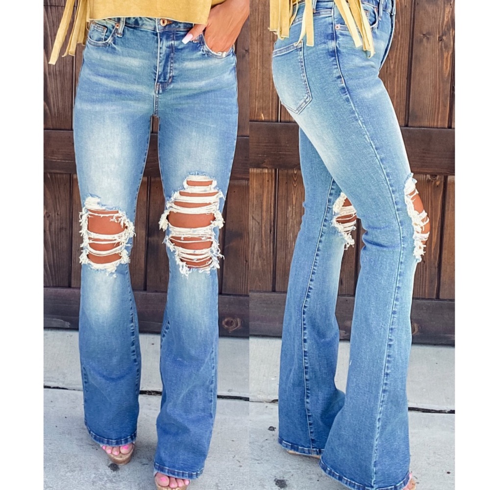 . Walk This Way Distressed Light/Medium Wash High Waist Flare Jeans